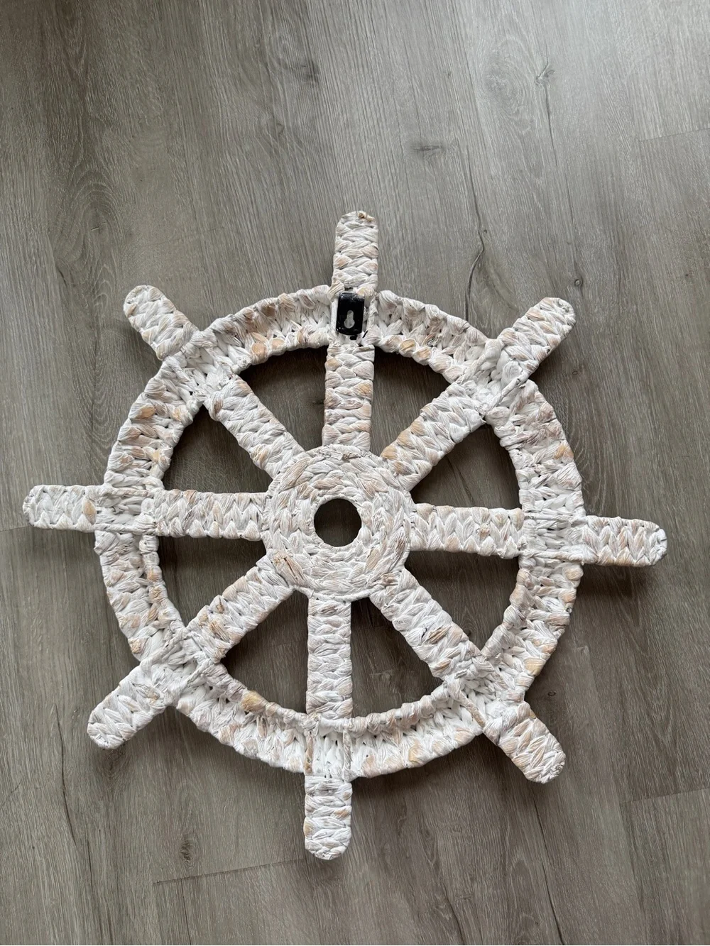 Nautical Ship Wheel Wall Decor - White and Natural Braided Wicker Rope Boho
